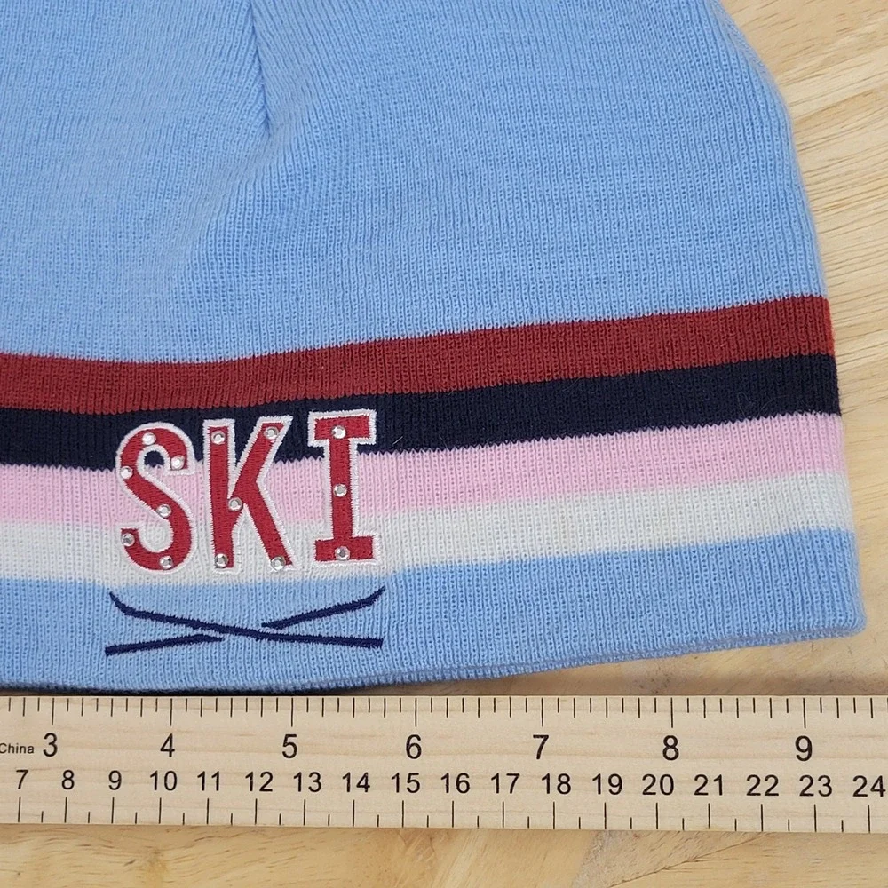 Vintage SKI Beanie‎ Hat Rhinestone Bling Baby Blue Striped Knit Cap Y2K 90s